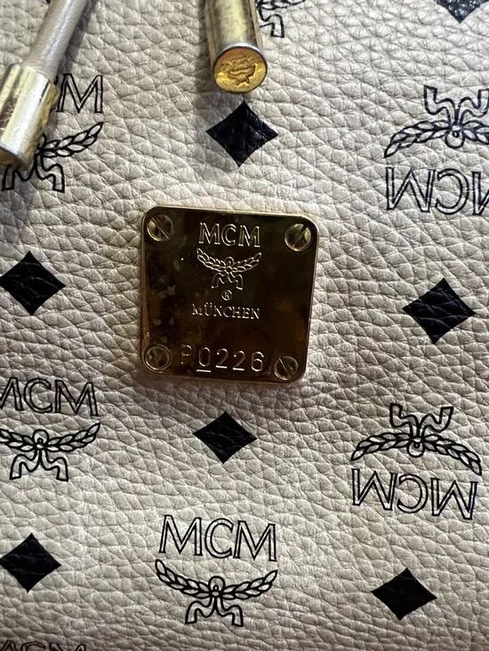 MCM Beige Logo Drawstring Tote with Gold Hardware - Picture 2 of 13